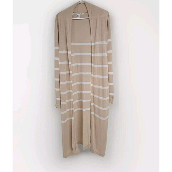 Max Studio Duster Long Cardigan Linen Blend White Tan Striped Women’s Size XL - Picture 5 of 8